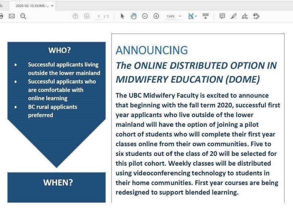 UBC Midwifery announces the Online Distributed Option in Midwifery Education (DOME) for 1st year students